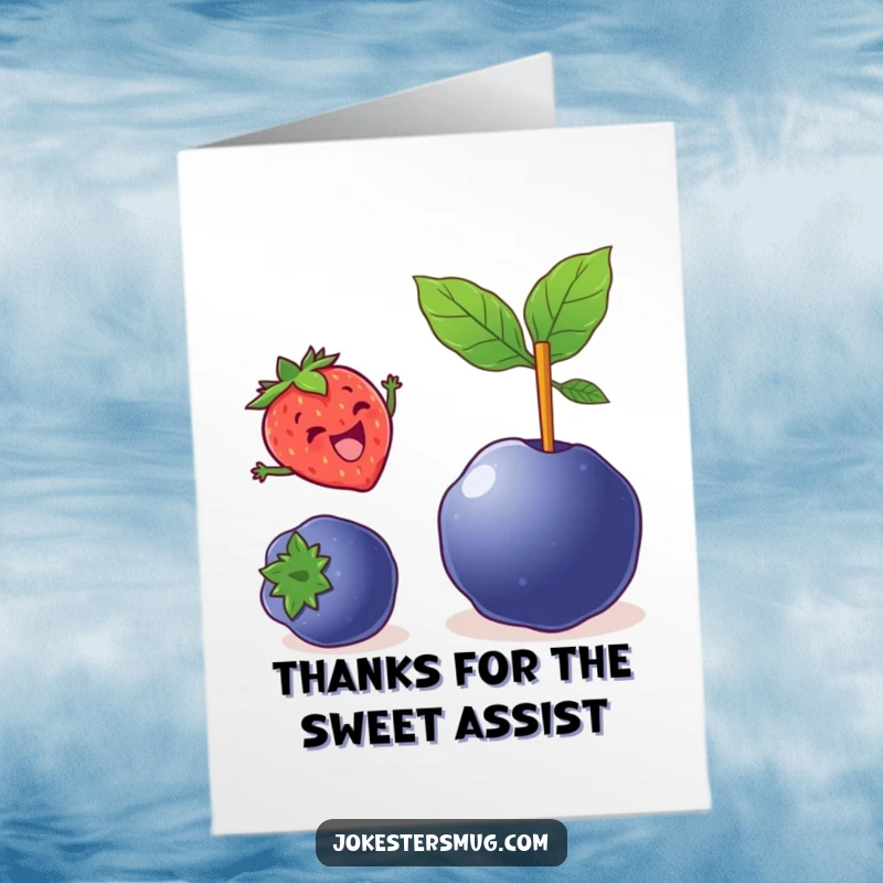 Funny Free Printable Thank You Card: A strawberry attempts to pole vault over a blueberry, conveying thanks.