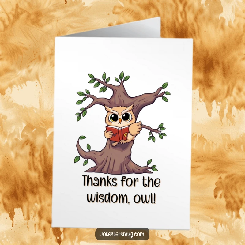 Funny Free Printable Thank You Card: A startled owl falling mid-air from a tree, tightly gripping a book, expressing thanks comically.