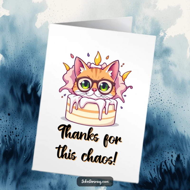 Funny Free Printable Thank You Card: A bewildered cat with glasses peeks from behind a giant cake that's actively exploding, a sweet disaster.