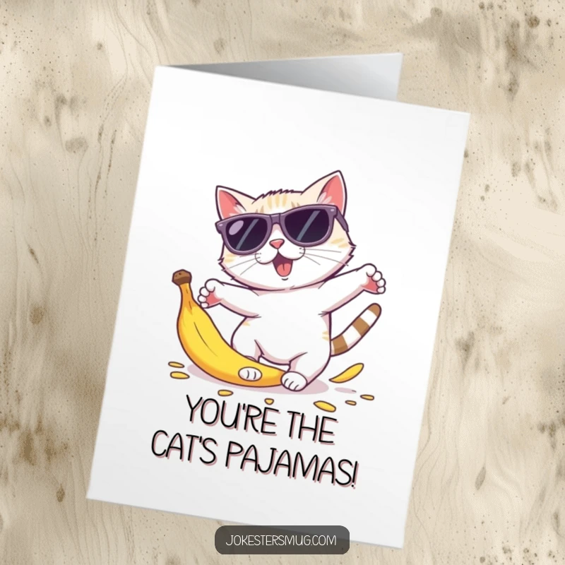 Funny Free Printable Thank You Card: A cat in oversized sunglasses comically disperses its body parts after tripping on a banana peel.