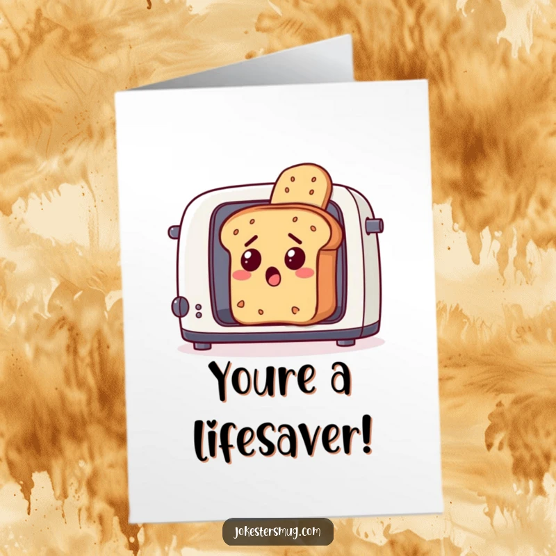 Funny Free Printable Thank You Card: A surprised piece of toast dramatically flees a toaster, a humorous way to express thanks.