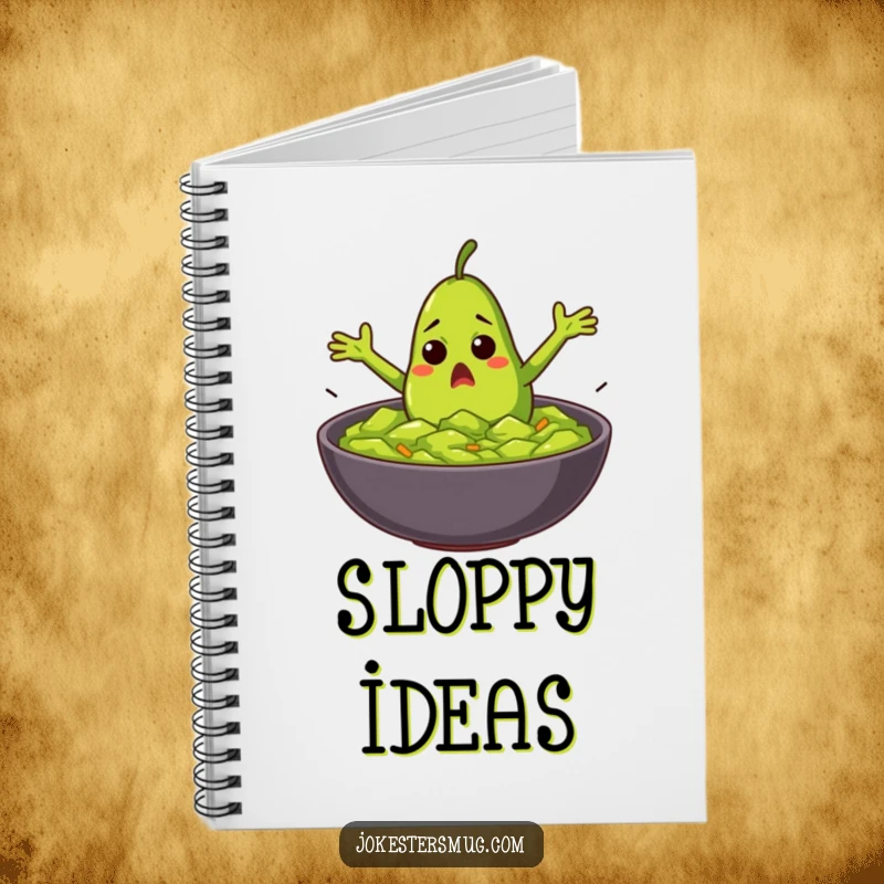 Funny startled avocado with flailing arms diving into guacamole on a notebook cover, for jotting down food ideas.