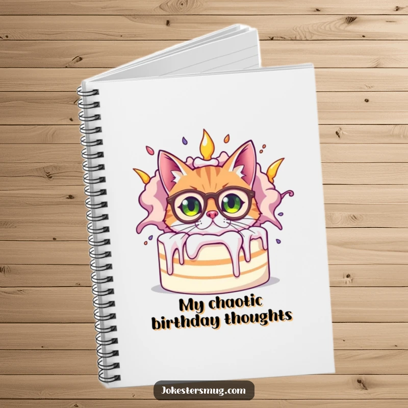 Funny bewildered cat wearing oversized spectacles peeking from behind a giant, exploding cake, inspiring notes and doodles in this funny notebook.