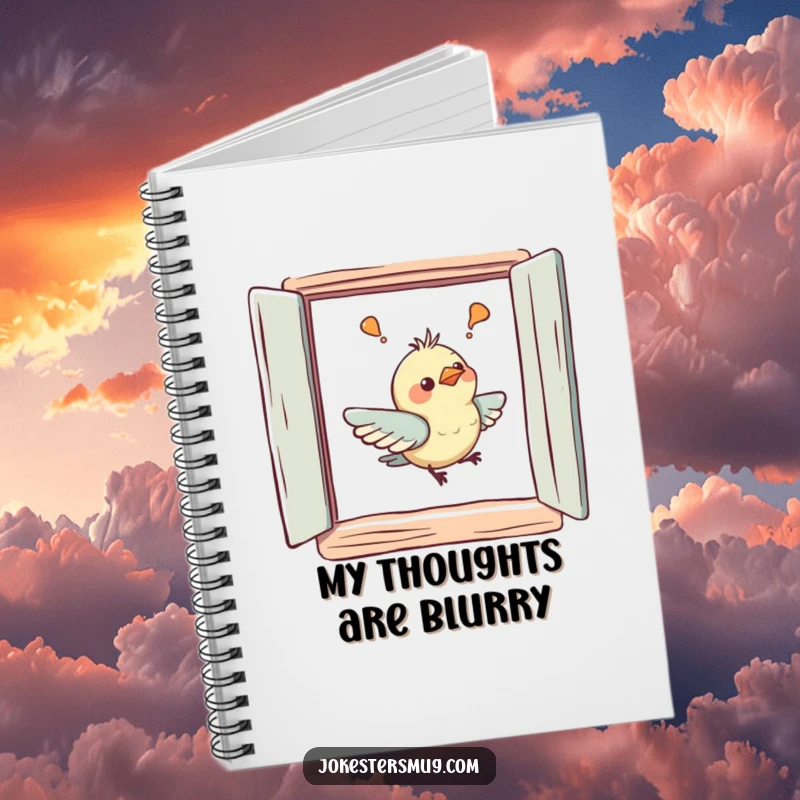 Funny notebook cover with a confused bird gently bumping its beak on a painted window, a uniquely humorous design.