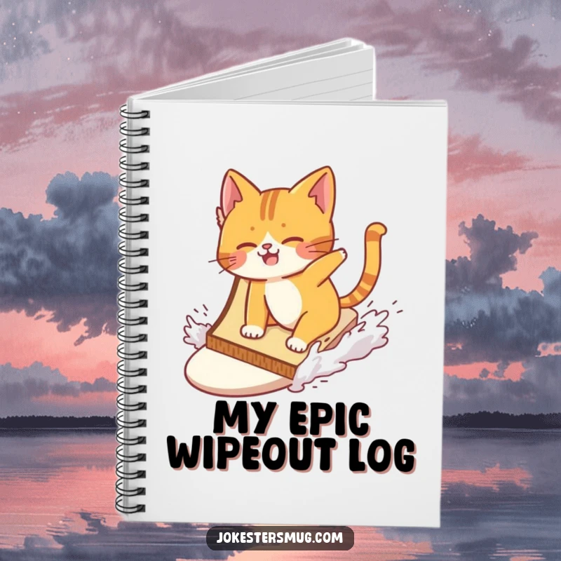 Funny cat wiping out while surfing a giant slice of toast on a notebook, encouraging funny thoughts and creative writing.