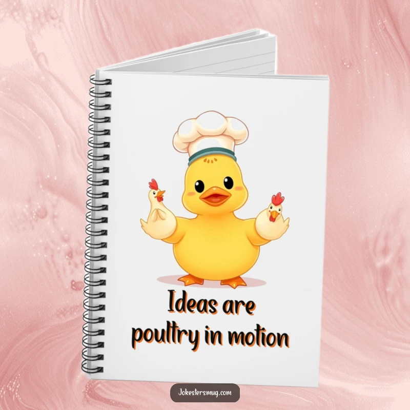 Funny chef rubber ducky with a tiny hat, awkwardly juggling three rubber chickens, a humorous notebook for jotting down ideas.