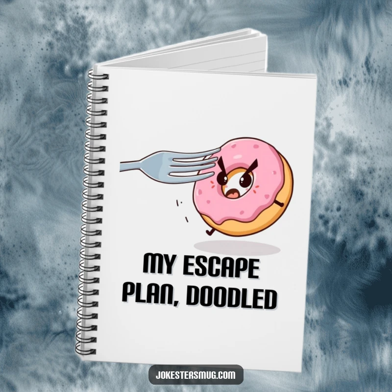 Funny notebook cover with a scared donut fleeing from a giant fork with pointy tines, a humorous and practical item.
