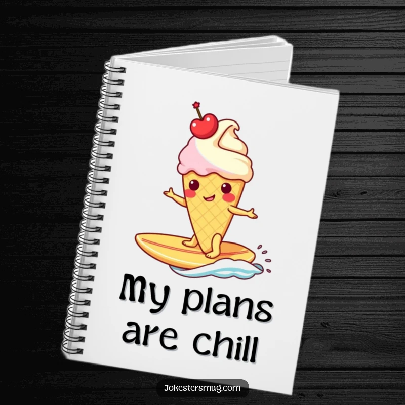Funny ice cream cone with cherry crown surfs a banana surfboard on a notebook cover, inspiring playful note-taking.
