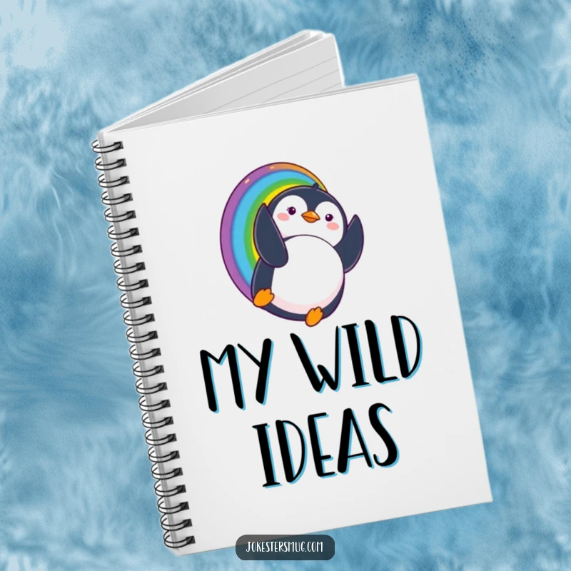 Funny notebook cover featuring a penguin sliding down a rainbow and landing upside down with a surprised expression, perfect for whimsical journaling.