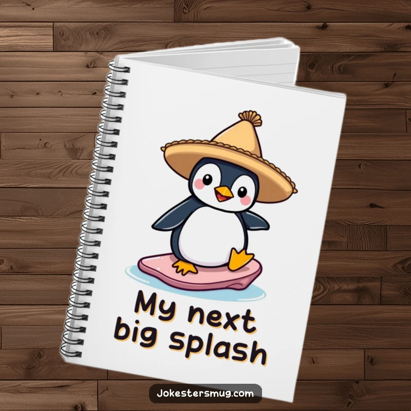Funny notebook cover with a penguin in a sombrero attempting to surf an ice floe, a humorous journal for creative minds and penguin fans.