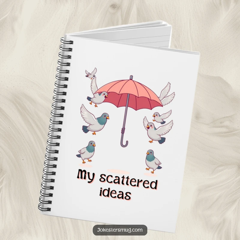 Funny surprised pigeons attempting to fly in opposite directions from a single, tiny umbrella, inspiring notes and doodles in this funny notebook.