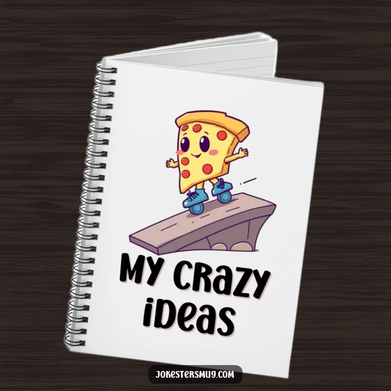 Funny pizza slice wearing roller skates, launching off a ramp, featured on the cover of a notebook for inspired writing.
