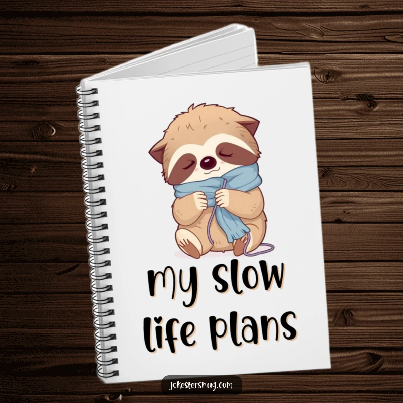 Funny notebook depicting a sleepy sloth tangled in yarn while trying to knit a scarf, ideal for journaling.