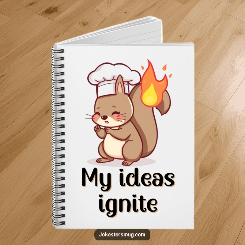 Funny notebook cover featuring a squirrel chef accidentally setting its tail on fire, a comical and memorable design.