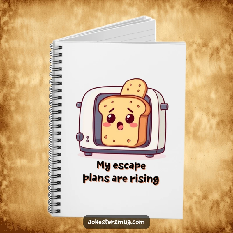 Funny bread loaf with a surprised face, trying to escape a toaster, a humorous notebook for jotting down ideas.