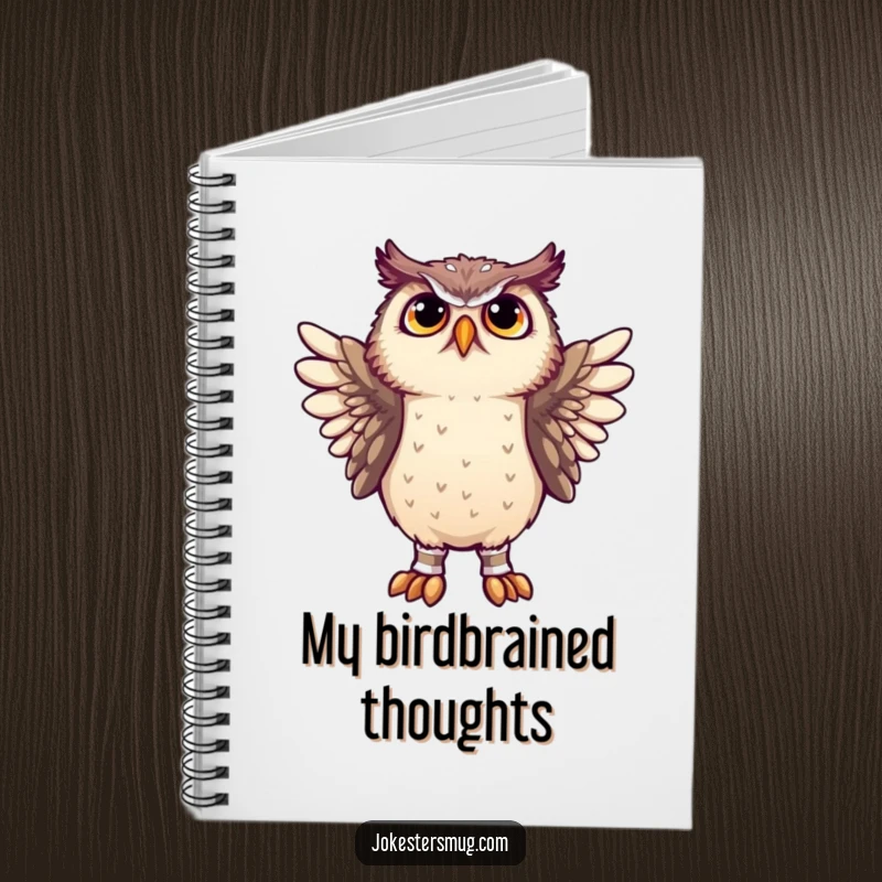 Funny owl attempting to put socks on its wings on the cover of a notebook, inspiring whimsical note-taking.