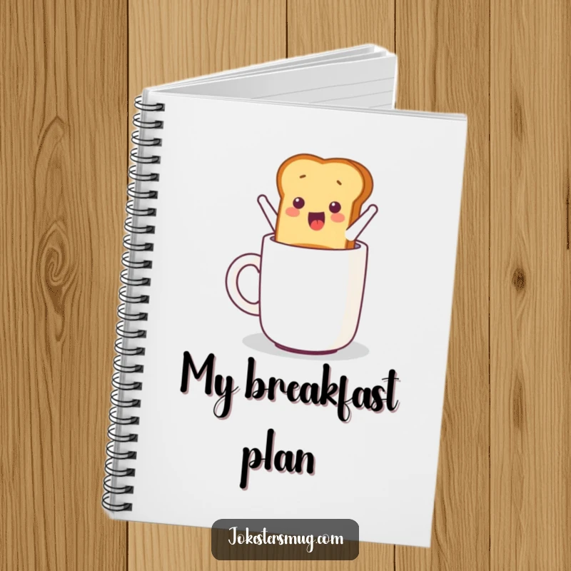 Funny notebook cover with a piece of toast humorously jumping from a toaster into a mug, ready for notes.