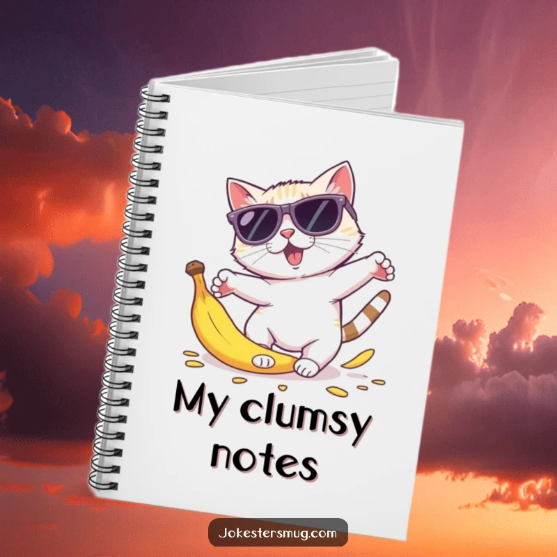 Funny cat sunglasses notebook with a cat in oversized shades tripping on a banana peel, body parts comically scattered, for notes.