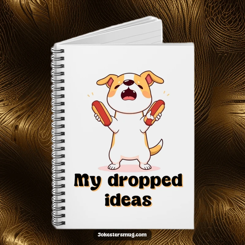 Funny dog juggling notebook with a startled dog attempting to juggle three bouncing hot dogs, dropping them all, for notes.