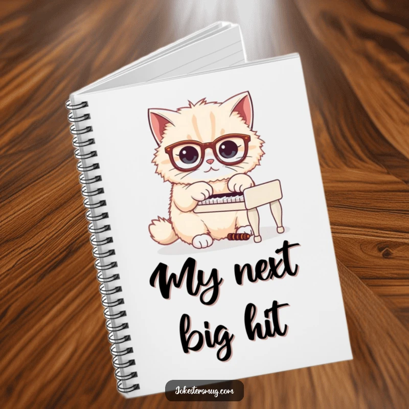 Funny notebook cover with a fluffy cat wearing large glasses, humorously playing a tiny piano, ready for notes.