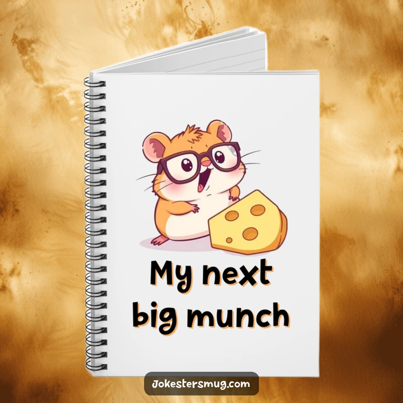 Funny notebook featuring a surprised hamster in large glasses tripping over a huge slice of cheese, perfect for jotting ideas.