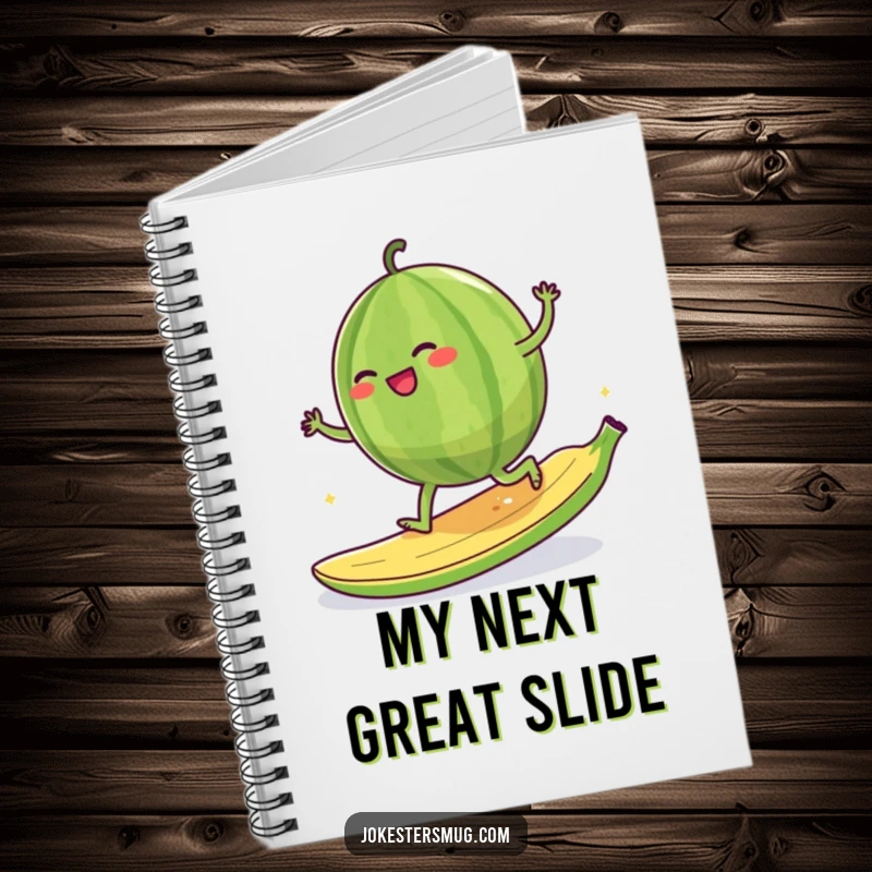 Funny giggling watermelon character attempting to moonwalk on a banana peel, cover design on a notebook.