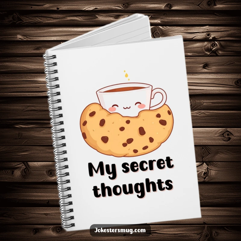 Funny notebook with a shy teacup peeking from behind a giant cookie, ideal for jotting down recipes and sweet ideas.