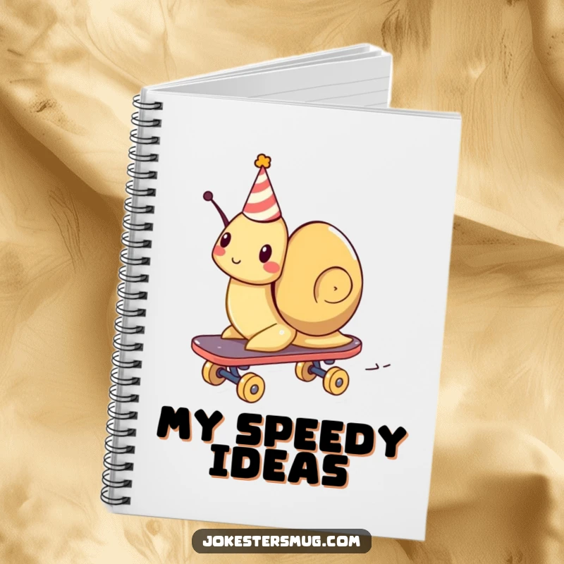 Funny notebook cover with a snail wearing a party hat, humorously zooming on a skateboard, ready for notes.