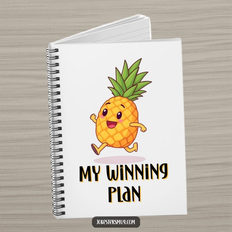 Funny notebook with a pineapple with tiny legs humorously running a marathon, ideal for jotting down training plans and fitness ideas.