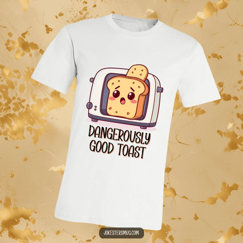 Funny loaf of bread with a surprised face, leaping out of a toaster, a humorous and quirky t-shirt design.