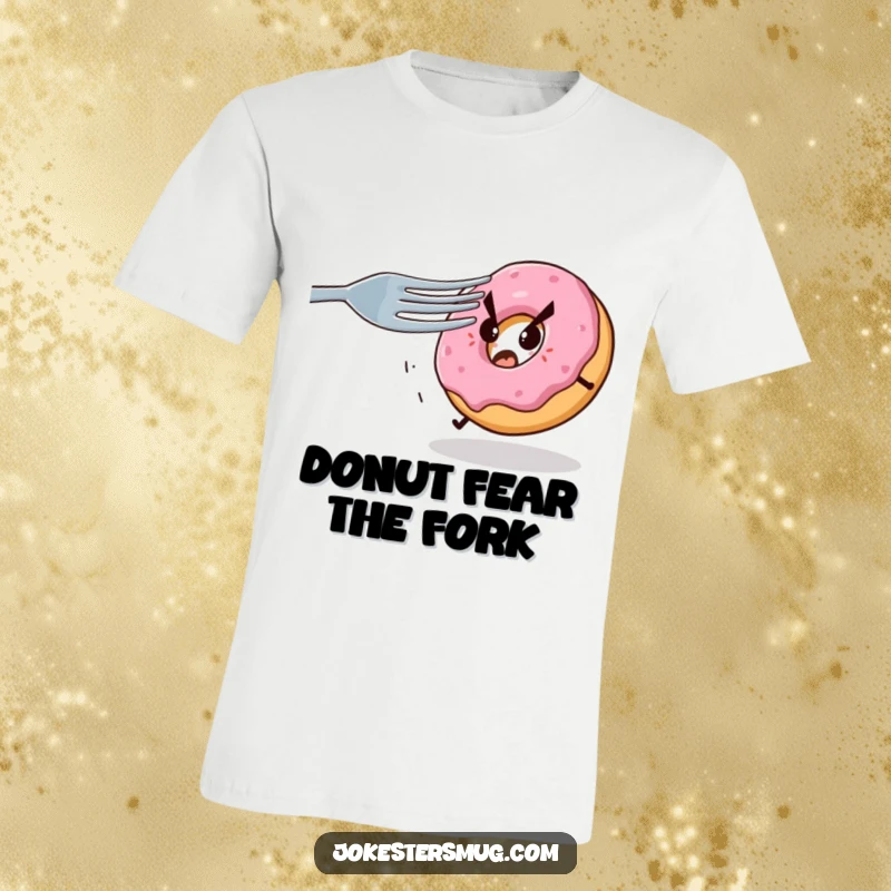 Funny t-shirt print of a terrified donut running from a giant fork with glowing, menacing eyes, a hilarious chase scene.