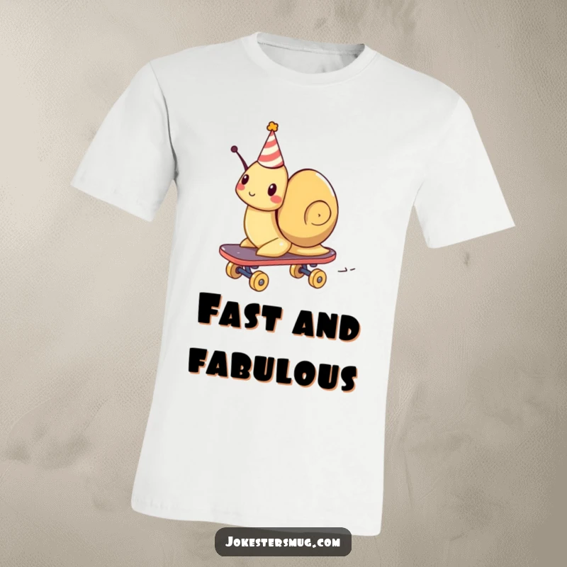 Funny t-shirt print of a snail wearing a small party hat, speedily riding a skateboard with a determined expression.