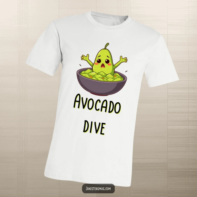 Funny startled avocado with flailing arms diving into guacamole on a t-shirt, great for a foodie funny gift.
