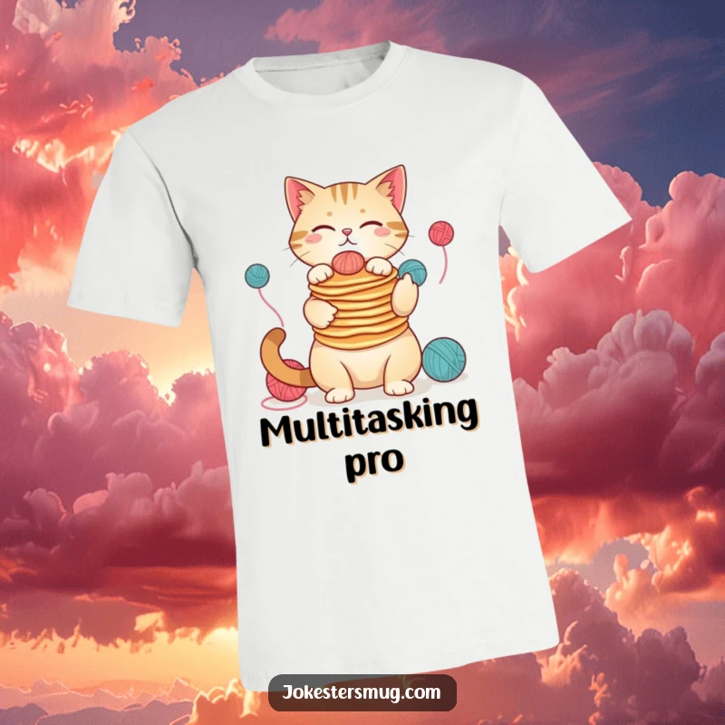 Funny cat art t-shirt, balancing pancakes on its nose, juggling yarn balls, perfect funny gift for animal lovers.