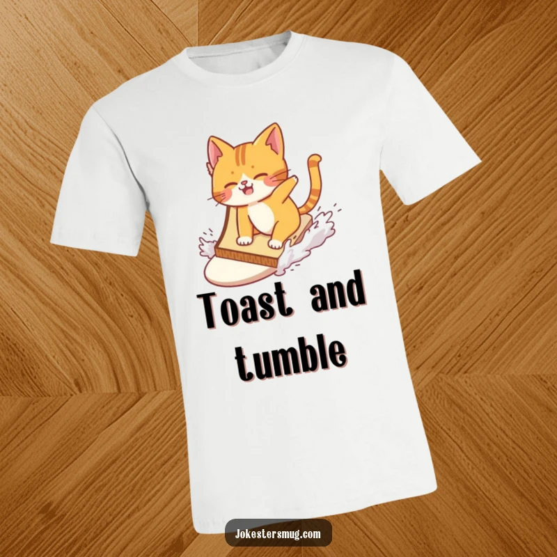Funny cat attempting to surf a huge slice of toast and comically wiping out on a t-shirt, capturing a hilarious water sport moment.