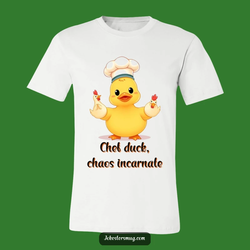 Funny Chef Duck Juggling Chickens T-Shirt: Wear Your Kitchen Comedy Proudly