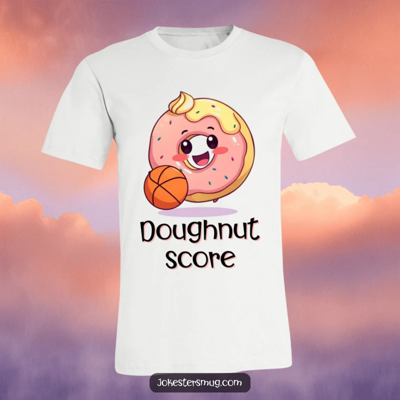 Funny t-shirt featuring a happy donut dribbling a basketball using its frosting, a humorous blend of sports and dessert.