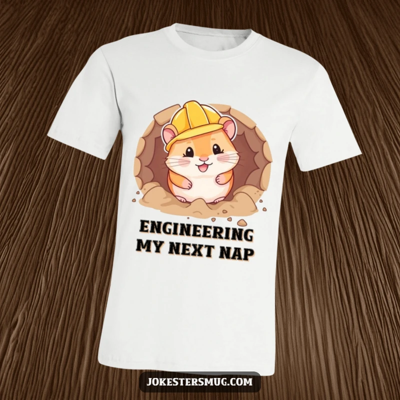 Funny hamster in a small hard hat happily digs a tunnel, symbolizing industriousness and cute construction.