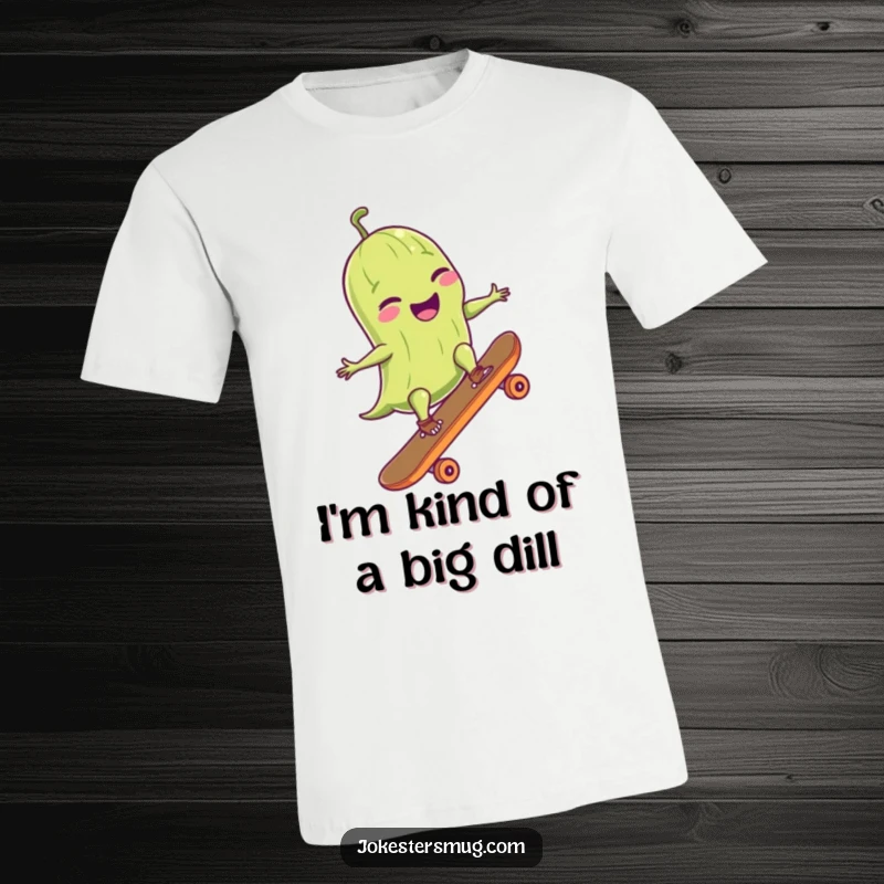 Funny t-shirt graphic of a grinning pickle wearing sunglasses, riding a skateboard, and executing a smooth ollie trick.