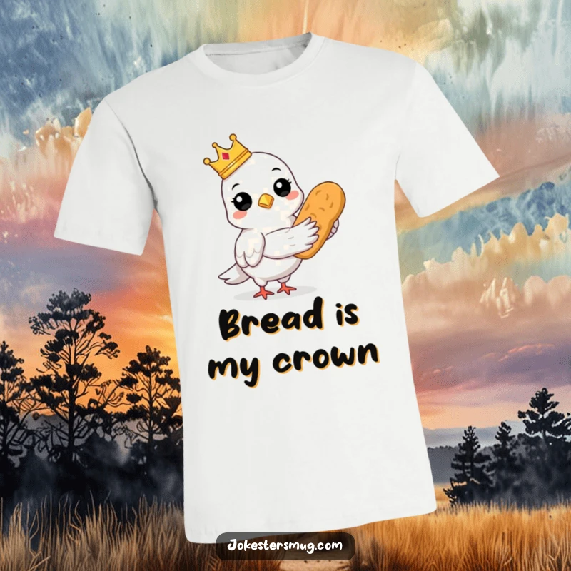 Funny t-shirt print of a pigeon wearing a small crown and holding a loaf of bread, a regal bird.