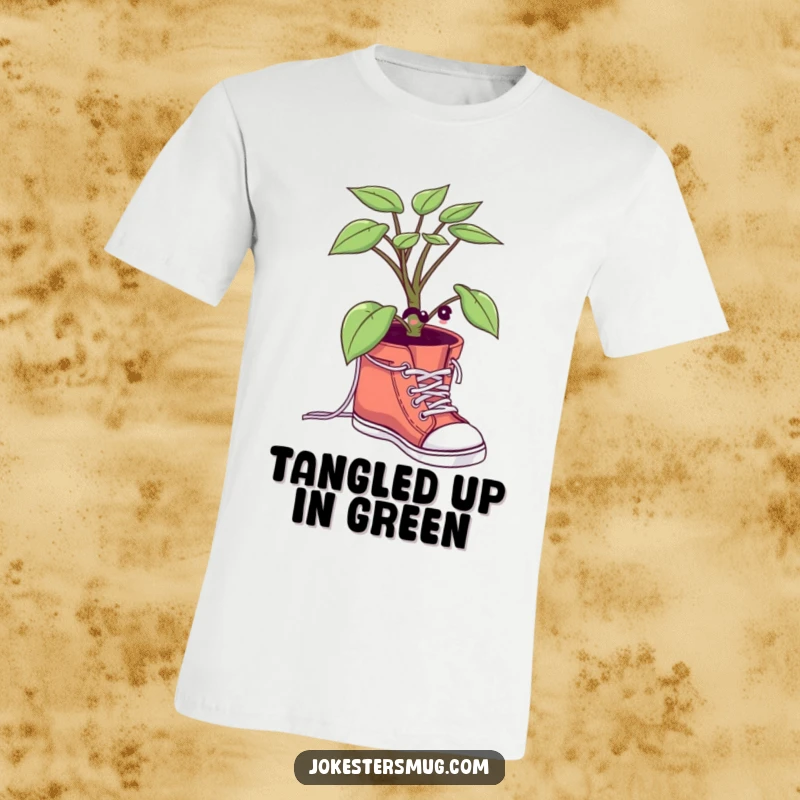 Funny Potted Plant T-Shirt: A plant attempts to tie its shoelaces in a comical pose, a humorous and unique design for gifting.