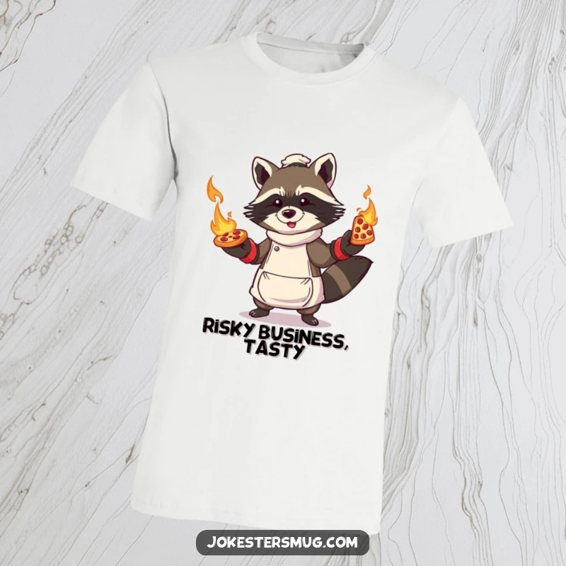 Funny Raccoon Pizza T-Shirt: Raccoon wearing oven mitts, attempting to juggle flaming pizzas, a bold and humorous design.
