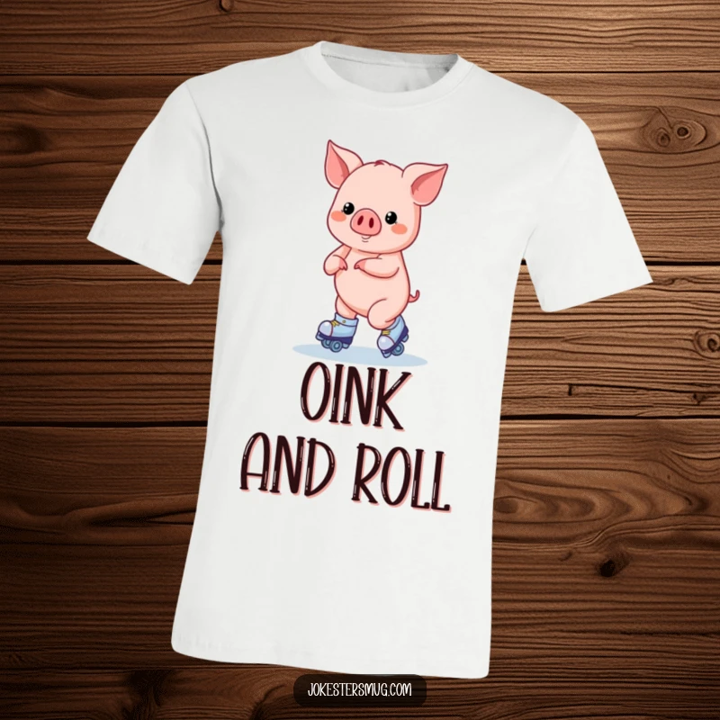 Funny Roller Skating Pig T-Shirt: A pig in roller skates attempts a figure eight, ideal for active wear.