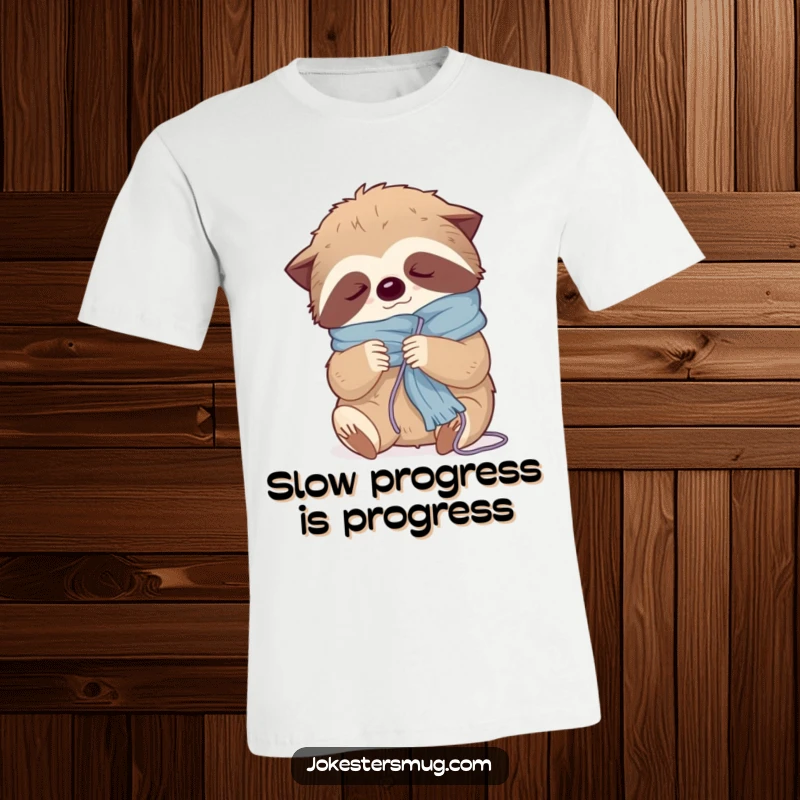 Funny sloth t-shirt showing a drowsy sloth hopelessly entangled in colorful yarn while trying to knit a scarf, embodying cozy chaos.