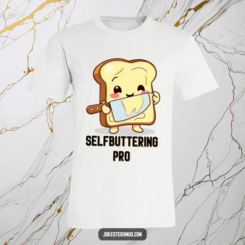 Funny t-shirt depicting a happy toast character unevenly buttering itself with a comically large butter knife, full of breakfast joy.