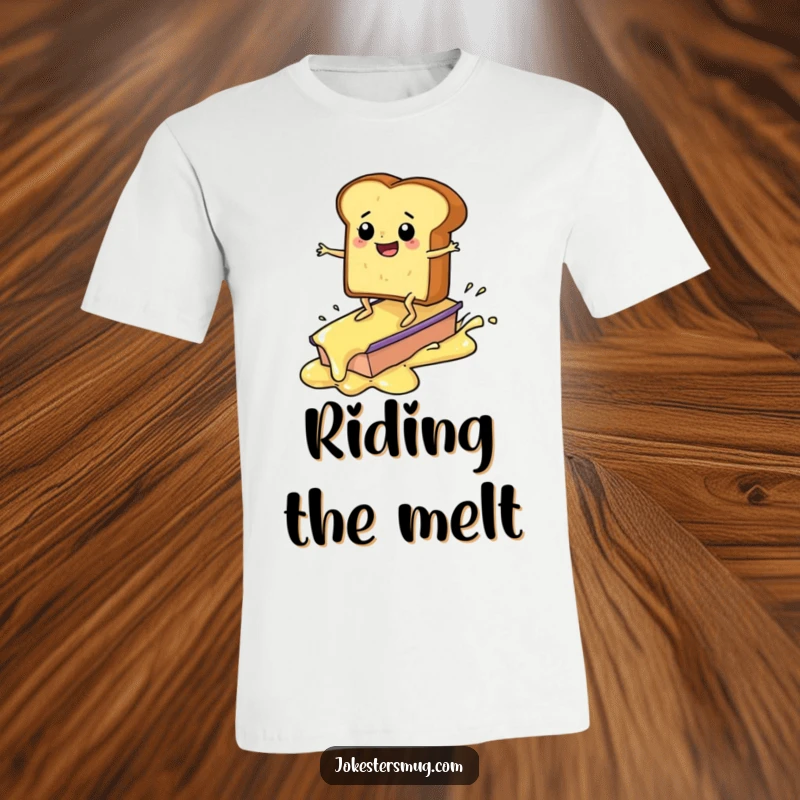 Funny toast character t-shirt, surfing on melting butter, with arms and legs, humorous food art, a great funny gift.