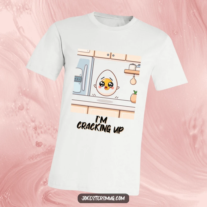 Funny Egg T-Shirt: A startled egg with wide eyes rolls precariously off a kitchen counter. Humorous and funny gift.
