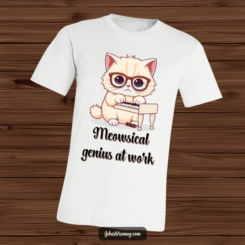 Funny t-shirt print of a fluffy cat in oversized glasses comically attempting to play a tiny piano with intense concentration.