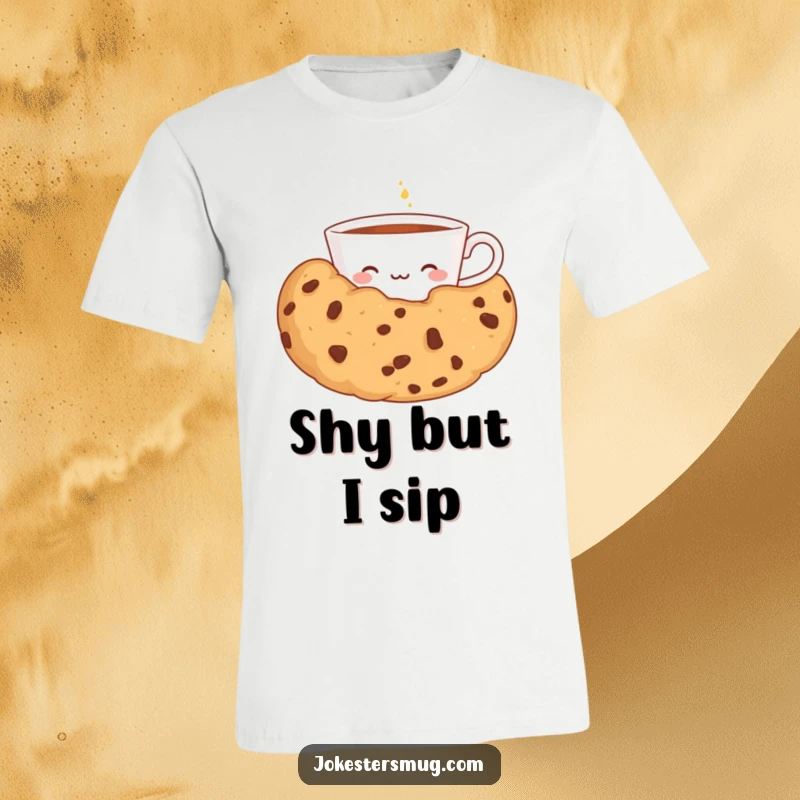 Funny t-shirt featuring a shy teacup peeking from behind a giant cookie, a humorous depiction of sweet indulgence and gentle shyness.