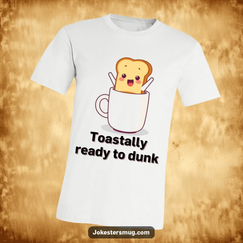 Funny t-shirt print of a piece of toast excitedly jumping out of a toaster and landing in a coffee mug.